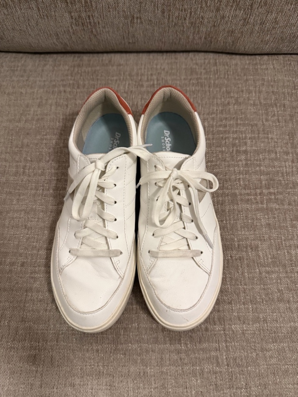 White Women's Size 9 Casual Leather Sneakers with Orange Accent